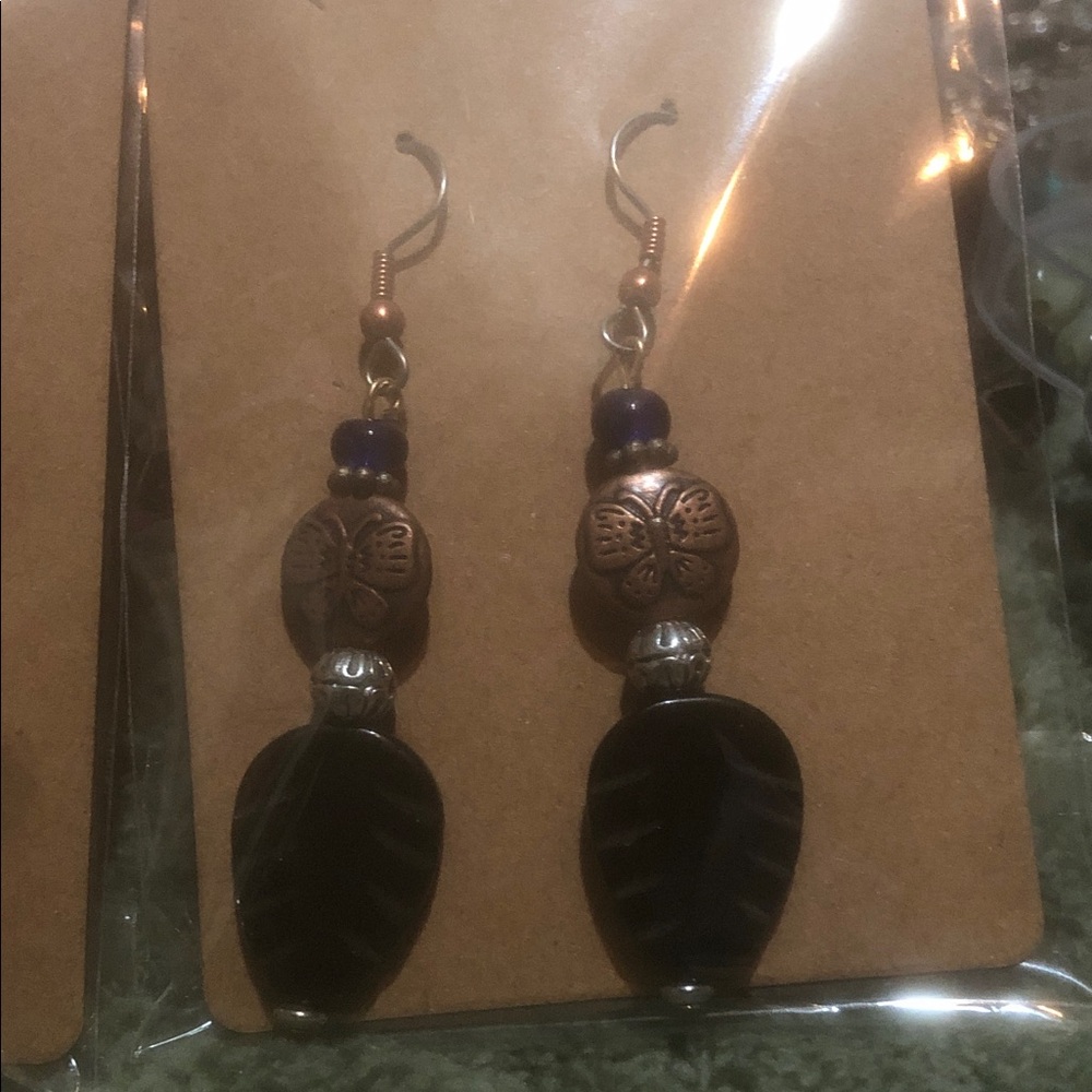 Black Leaf Drop Earrings with Copper Butterfly Accents